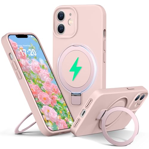 PuyaTeya Liquid Silicone Coque pour iPhone 12 with Magnetic Ring Stand, Upgraded Camera Protection Mil-Grade Drop Shockproof Soft Anti-Scratch Microfiber Lining Silicone Coque(Rose)