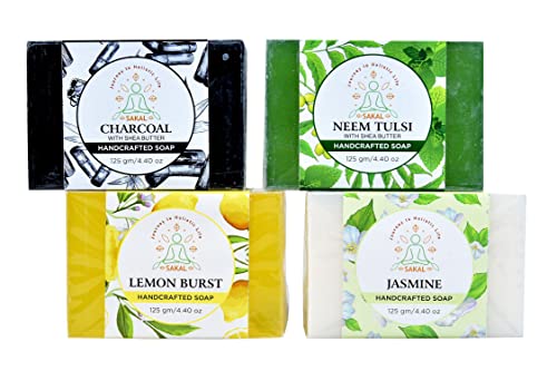 Handmade Premium bath Soap | 4 Bar Variety pack Natural saps | Jasmine Blossom, Neem Tulsi, Activated Charcoal, Lemon Burst