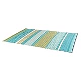 Alfombra rectangular para exterior de color turquesa y verde. De medidas 180 x 270 cm (ancho x largo).