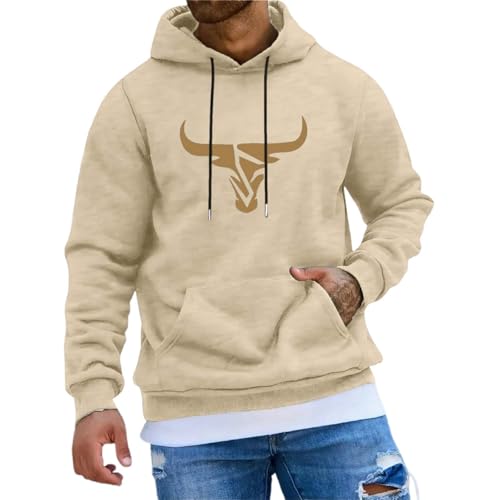 Generisch 2025 Sudadera con capucha casual para hombre con cordón gráfico de cabeza de toro, cómoda sudadera con capucha de tejido mixto para el día a día, regalo para hombre, beige, L