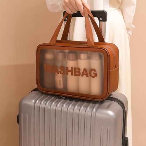 Image of Wazdorf Cosmetic Pouch Bag - Large Waterproof Wash Bag with Handle, Translucent Cosmetic Organizer for Makeup, Brushes & Accessories - Unisex Storage Pouch for Travel & Bathroom Use (Brown - 3 Pcs)