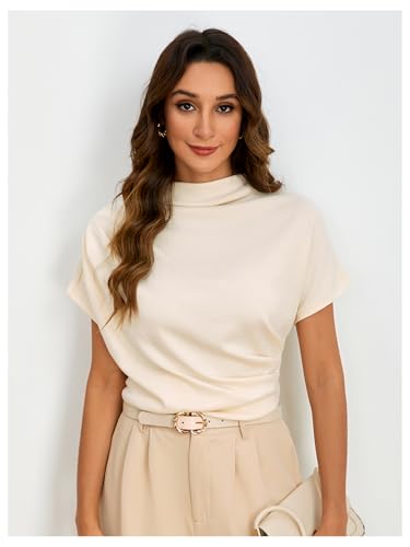 SweatyRocks Women's Casual Short Sleeve Mock Neck Tee Top Asymmetric Ruched Plain T Shirt3