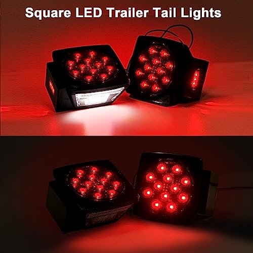 Image of 2Pcs Square Led Trailer Tail Lights Red Smoke Lens 12V Submersible | Square Led Stop Tail Turn Brake Combination License Lights for Utility Trailer Camper Truck RV Marine Snowmobile Left /Right