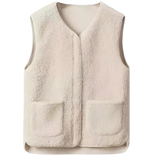 Shengruili Teddy Fleece Weste Damen Ärmellos Fellweste Damen V-Ausschnitt Knöpfen Teddyfleece Herbst Winter Warm Ärmellos Fleecejacke Kurz Damen Übergangsjacke Outdoor Winterjacke