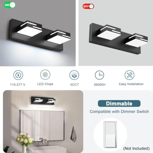 Image of LED Modern Bathroom Vanity Light Fixtures, Dimmable Matte Black Vanity Lights for Bathroom Lighting Fixtures Over Mirror, with 360 Rotatable Acrylic Heads 2-Light 16-inch 5CCT