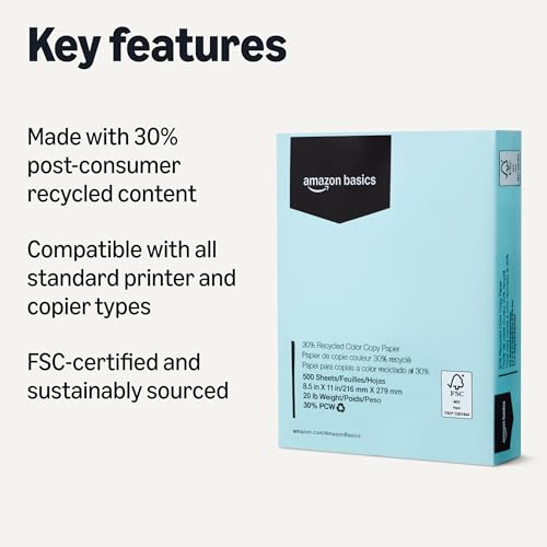 Image of Amazon Basics 30% Recycled Color Copy Paper, 8.5 inch x 11 inch, 20lb, Pastel Blue, 500 Sheets (Pack of 3)