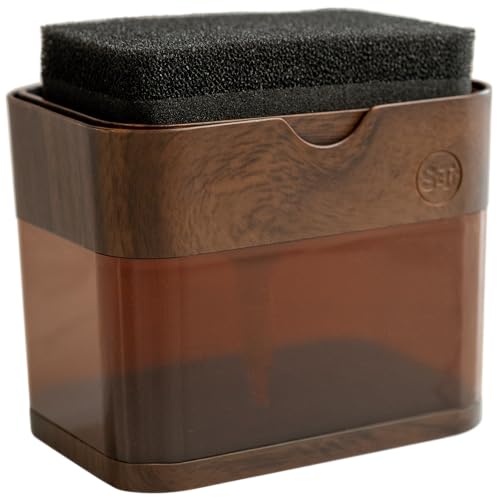 S&T INC. Dish Soap Dispenser and Sponge Holder for Kitchen Sink, Waterproof Labels and Sponge Included, 13 Ounces, Plastic, Walnut and Amber