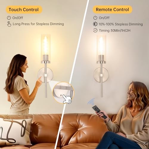 Image of Shenmoyl Battery Operated Wall Sconces Set of 2, Nickel Rechargeable Wall Lighting Fixtures, Dimmable Wall Lights with Remote & Clear Glass Shade for Living Room, Bathroom,Bedroom