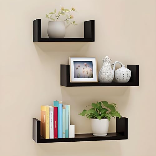 Image of Dime Store Engineered Wood Glossy Wall Mount Floating Hanging Shelf for Room Wall and Home Decor Items and Storage Organizer (Standard, Black), Set of 1