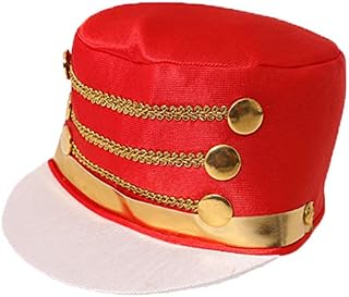 RED MAJORETTE HAT FOR WOMEN - TALL RED TOY SOLDIER HAT WITH WHITE PEAK, GOLD BUTTONS, AND DETAILING - CHRISTMAS NUTCRACKER CHEERLEADER FANCY DRESS ACCESSORY - ONE SIZE