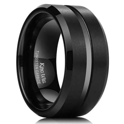 King Will Tungsten Carbide Wedding Band for Men Women-10mm Width in Black with Grooved Center Wedding Ring Suitable Suitable for Work, Gym Comfort Fit Size 10