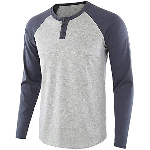 Mens Long Sleeve T Shirt Raglan Henley Shirt Vintage Casual Basic Tops Baseball T-Shirt Blue XL Cover
