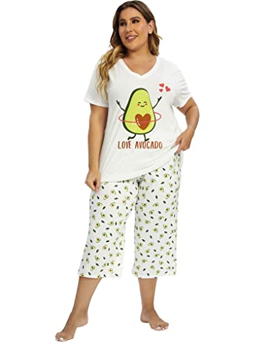 Image of Vozanet Women's Pajamas Set Soft V Neck Sleepwear Top and Capri Pj Lounge Sets Cartoon Heart Shape Cat Nighty Plus Size