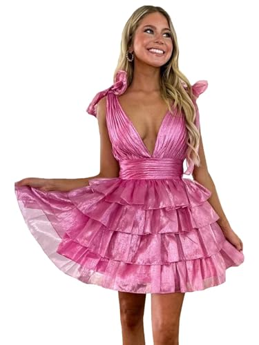 Sparkly Tiered Tulle Homecoming Dresses for Teens 2025 V Neck Prom Short Prom Dress Formal Gown