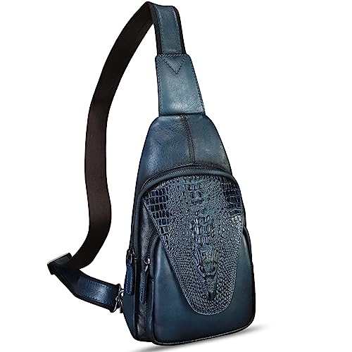 Image of Genuine Leather Sling Bag Embossed Crocodile Pattern Leather Crossbody Sling Backpack Handmade Chest Purse Daypack (Navy Blue)