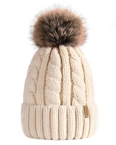 FURTALK Winter Beanie Knit Hat for Women Warm Fleece Lined with Faux Fur Pom Poms Womens Thick Ski Hats Knitted Skull Cap Beige