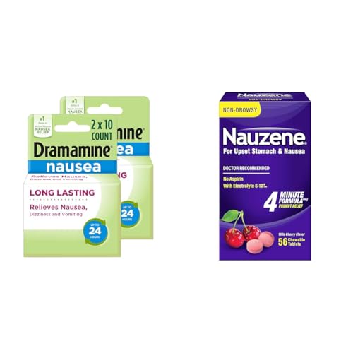 Image of Dramamine Nausea Long Lasting 10 Count 2 Pack & Nauzene Upset Stomach & Nausea Relief Wild Cherry 56 Count