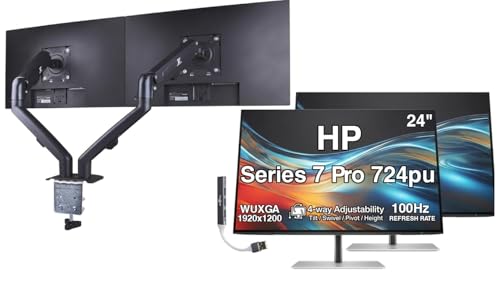 Image of HP Series 7 Pro 724pu 24 inch WUXGA USB-C Docking Monitor with Adjustable Tilt /Swivel /Pivot /Height, VESA Mount, Displayport, Black /Silver (B0CG8UT#ABA) 2 Pack w /DKZ Hub & ErgoFlexy Dual Mount Arms