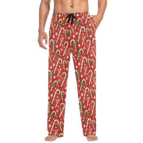 Mens Cotton Pajama Pants Sleep Lounge Pj Bottoms Sleepwear with Pockets Drawstring S Candy Cane Bow Star