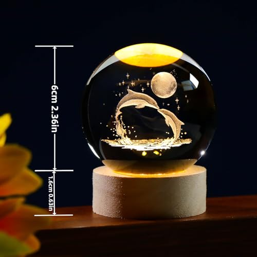 Image of Arikyrist 3D Dolphin Crystal Ball Night Light, Glass Dolphin Lamp with Wooden Base, Laser Engraved Glass Sphere Home Decor