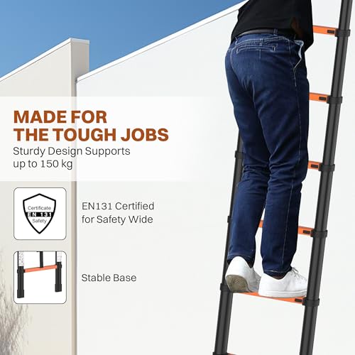 Image of BonKaso Telescopic Ladder, 3.8m / 12.5Ft, 13 Steps - Heavy-Duty Foldable Alloy Steel Ladder | Anti-Slip, 150kg Load Capacity, Rustproof & EN131 Certified - Matt Black & Orange