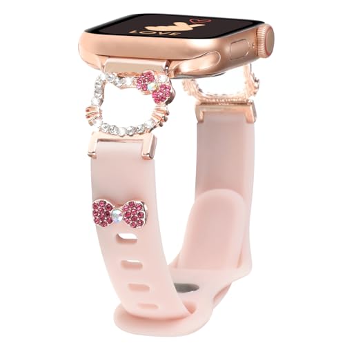Slim Silicone Band Compatible with Apple Watch Bands for Women 38/40/41/42/44/45/46/49mm Stylish Bling Cute Cartoon Design Thin Sport Strap for iWatch Series 10 9 8 7 6 5 4 3 2 1 SE Ultra 2 1 (Pink 38/40/41/42mm(Series 10))