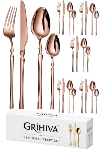 Image of 24 Pcs Rosegold Slim Handle Stainless Steel Cutlery Set for Dining Table with Spoons and Forks Set + Butterknives - The Perfect Tableware /Flatware
