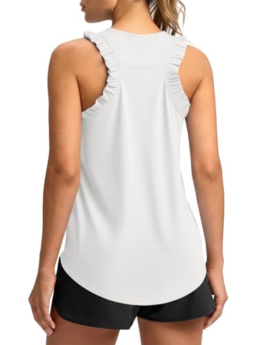 Fisoew Women Workout Tank Tops Ruffle Sleeveless Athletic Tanks White