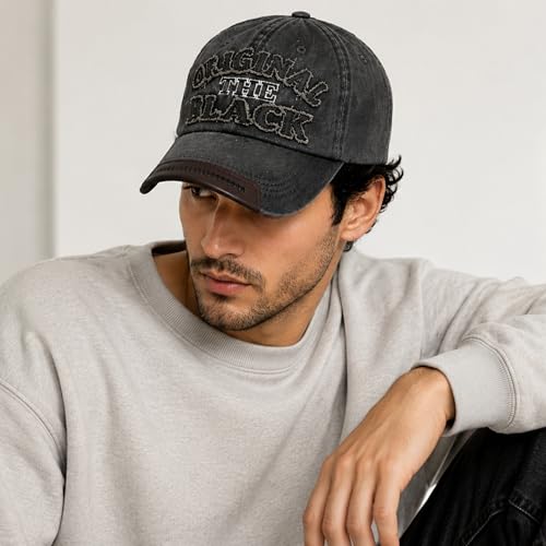Image of Unisex Vintage Washed Cotton Baseball Cap for Men and Women | Distressed Style Adjustable Dad Hat with Letter Embroidery for Sun Protection, Sports & Casual Wear - Charcoal Black