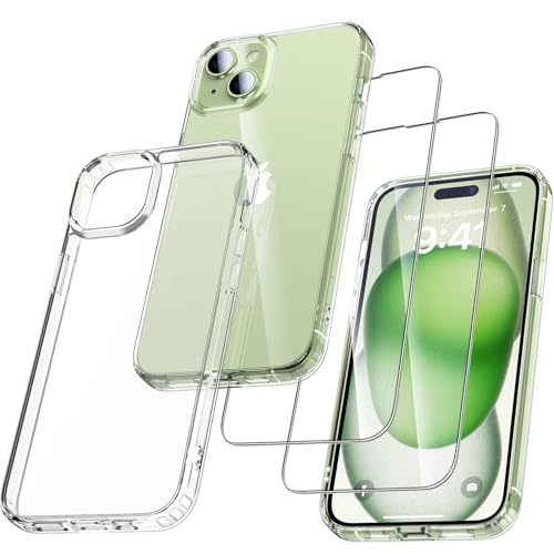 UniqueMe für iPhone 15 Hülle, Handyhülle für iPhone 15 Case Rundumschutz Schutzhülle Cover, 1 Handyhülle & 2 Schutzfolie - Transparent