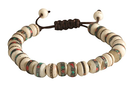 Tribe Azure Tibetan Embedded Yak Bone Medicine Wrist Mala Bracelet Adjustable Meditation Healing Prayer Beads Beaded Cute Boho Hippie (White)