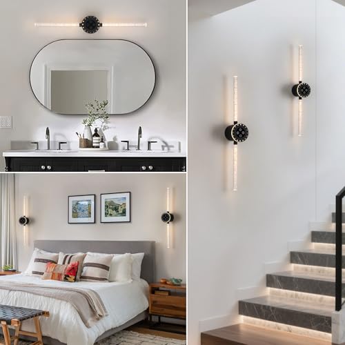 Image of Wireless Wall Sconces Set of 2, Black Battery Operated Wall Lamps with 8000mAh Battery, Rechargeable Dimmable LED Wall Lights, Touch /Remote Control, 360Rotate, 22.5 Inch
