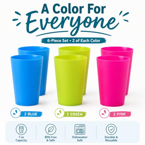 Image of 7 oz Reusable Plastic Drinking Tumblers, 6-Piece Kids Party Cup Set, Assorted Red Green Blue, Two of Each for Home Meals Picnics Outdoor Use