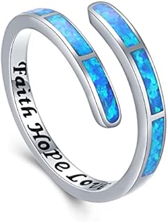 Faith Hope Love Ring 925 Sterling Silver Blue Opal Ring Adjustable Rings for Women Opal Jewellery for Girls Women
