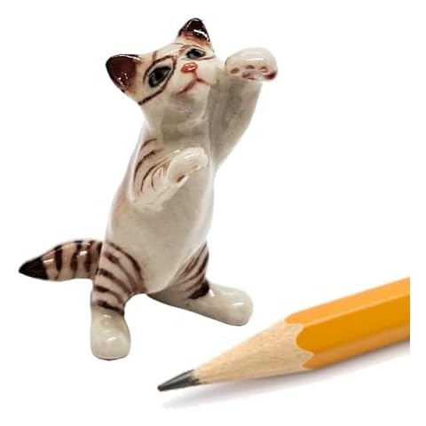 ChangThai Design Tiny 1¼" High Brown Tabby Reaching Up Cat Figurine - Miniature Hand Made Painted Ceramic Striped Shorthair Ginger Kitten Animal Porcelain Decorative Collectible Figurines Décor Gifts Cover