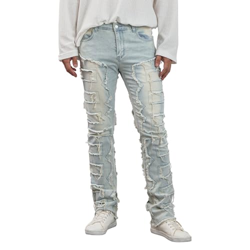 Men's Y2k Stacked Jeans Regular Fit Patch Distressed Destroyed Straight Denim Pants Harajuku Hip Hop Trouser