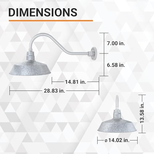 Image of 14in. Galvanized Finish Outdoor Gooseneck Barn Light Fixture With 22in. Long Extension Arm - Wall Sconce Farmhouse, Vintage, Antique Style - UL Listed - 9W 900lm A19 LED Bulb (5000K Cool White)