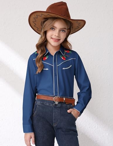 Girls Western Cowgirl Shirt Long Sleeve Retro Floral Embroidered Collared Button Down Blouse Tops for Country Outfit2