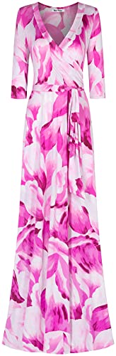 Image of Women's 3 /4 Sleeve V-Neck Printed Maxi Faux Wrap Dress Magenta XL