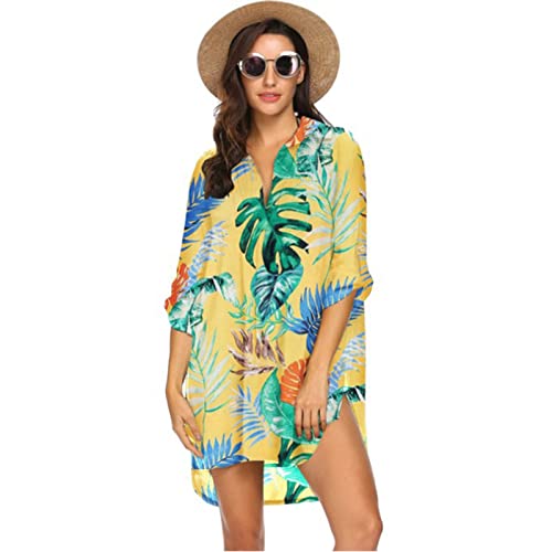 Prdece Tropical Print Athletic Vneck Shirts Women Cozy Light Beautiful Thin Button-Down Shirts 3/4 Length Sleeve Plus Size Festival Tunic Lady #TOP1