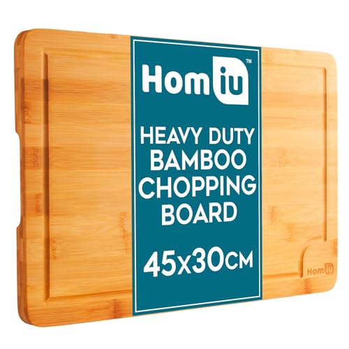 Homiu Premium Wooden Chopping Boards - Organic Large 45 x 30 x 2cm - Bamboo Cutting Board for Carving Meats Cheese Vegetables - Chopping Boards for Kitchens - Wooden Worktop Protector