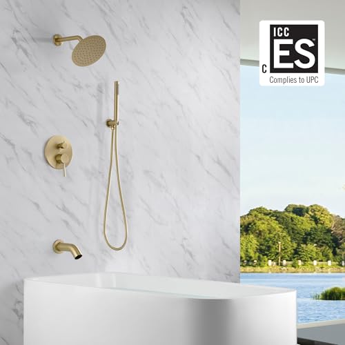 Image of SUMERAIN Bathroom Brushed Gold Rain Shower System with Tub Spout | Tub and Shower Set, Brass Hand Shower, 8 inch Shower Head, Brass Rough in Valve, Concealed Box Design