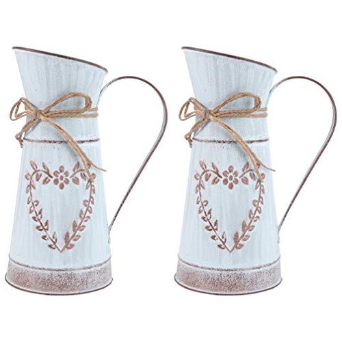 Cabilock 2 Stücke Shabby Blumenvase Herz Vintage Gießkanne Rustikaler Blumentopf Landhaus Vase Metall Eisen Eimer Retro Übertopf Blumeneimer für Balkon Büro Schreibtisch Deko Wohnzimmer Tischdeko