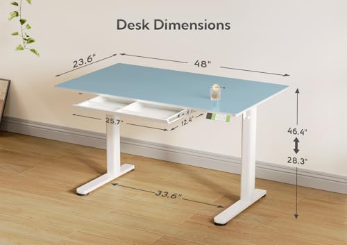 Image of INNOVAR Glass Standing Desk with Drawers 48x24 Inch Morandi Blue