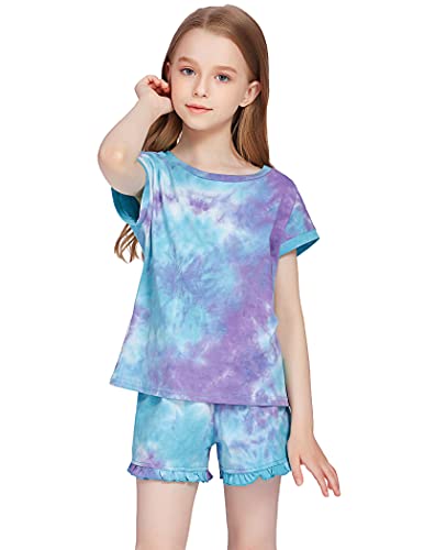 Greatchy Girls Summer Clothes Tie Dye Print T Shirt And Shorts Set Outfits Green #TOP2
