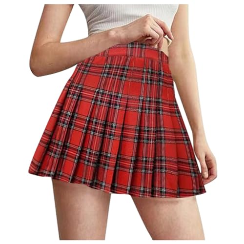 Jupe Plissee Femme Taille Haute- Jupe Ecossaise Elastique A-Ligne à Carreaux Zippée Couleur Unie Chic Et Elegant Classique Evasée Écolière Mini École Été Courte...