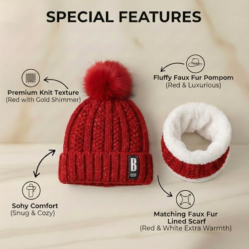 Image of Kraptick Women's Winter Beanie Cap and Scarf Set with Soft Fleece Lining, Thick Cable Knit Woolen Cap for Ladies & Neck Warmer for Extreme Cold Stylish Pom Pom Hat & Scarf Set -7