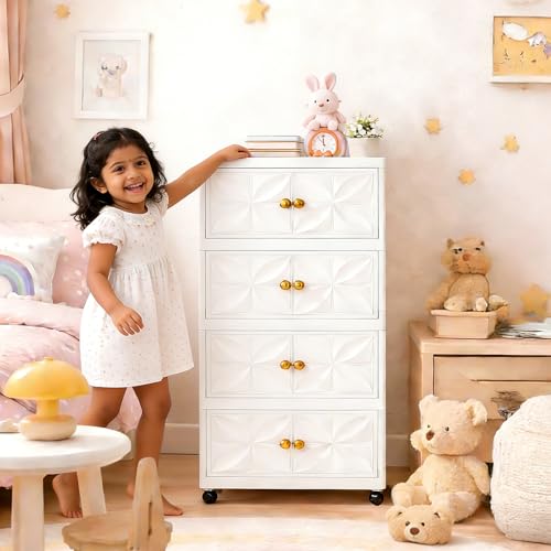 Foldable Plastic Wardrobe Organizer for Storage, Plastic Wardrobe Drawer Cabinet, Stackable Storage Cabinet with Wheels, Baby Cupboard for Clothes Storage, Cream Cloth Organizer, Cream White, 4 Tiers