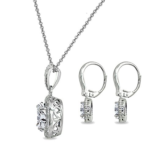 B. Brilliant Sterling Silver London Blue Topaz & White Topaz Oval Halo Necklace & Leverback Dangle Earrings Jewelry Set For Women Girls #TOP3