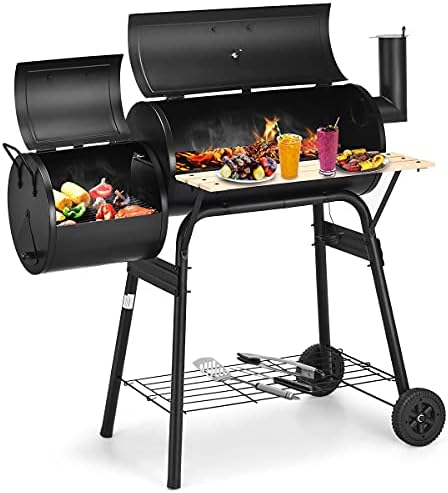Giantex BBQ Charcoal Grill with Offset Smoker, Thermometer and Adjustable Damper, Meat Cooker Smoker for Backyard Family Gathering and Outdoor Picnic, 2 Moveable Wheels, 2 Shelves and Wooden Handles